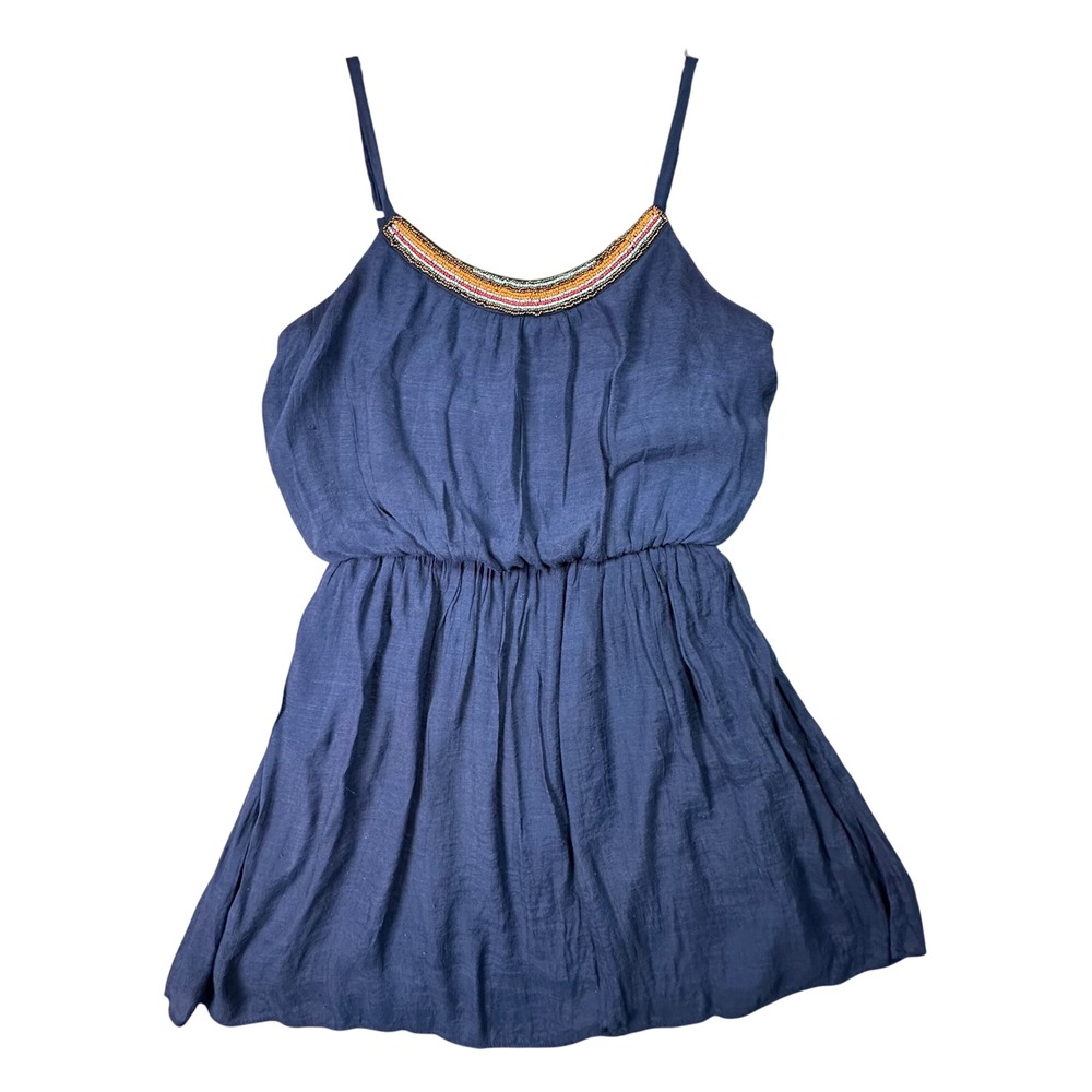 IZ Byer Navy Blue Beaded Neckline Mini Dress Boho Summer Size Medium Resortwear